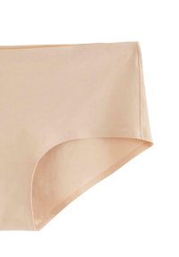 Beige stretch-fabric hipster briefs with a smooth texture and moderate rise, featuring a wide waistband and rounded leg openings.