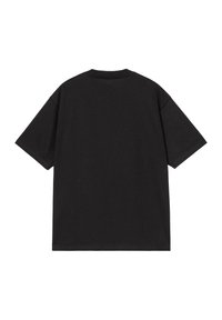 Camiseta de algodón negra, de manga corta, cuello redondo, ajuste holgado, dobladillo plano. Textura suave, sin gráficos ni patrones, diseño liso.