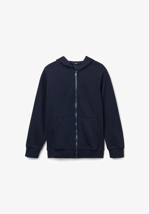 Navyblaue Zip-Hoodie aus weichem Stoff, mit einer Fronttasche, gerippten Bündchen und einer Kordelzugkapuze für eine anpassbare Passform.