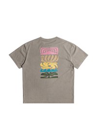 Gray cotton t-shirt with a relaxed fit. Back features layered graphic designs in pink, beige, yellow, blue, and green. Short sleeves.