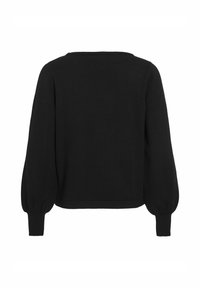 Pull noir à col rond, avec de longues manches ballons et un bas court et ajusté. Fabriqué en tissu doux et lisse.
