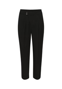 Pantalons noirs ajustés en tissu lisse, avec deux plis avant et une taille plate dotée de deux boutons. Design à jambe droite.