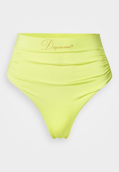 Neon-gelbe Bikinihose mit hohem Bund, gerafften Details und gesticktem Markenlogo am Bund. Glattes, dehnbares Material.