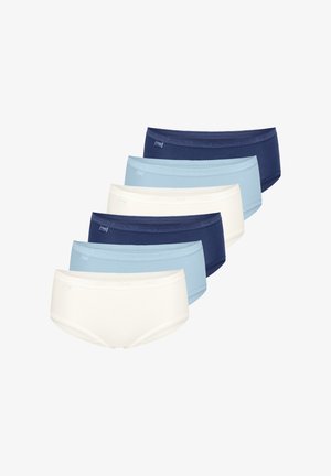 Zestaw sześciu majtek w różnych kolorach: granatowym, jasnoniebieskim i kremowym. Gładki materiał bawełniany z miękkim elastycznym paskiem w talii i falbaniastymi brzegami.