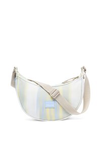 Hobo-stil tvärs över kroppen väska med ett multikolorat randigt mönster i pastellfärger, tillverkad av tygmaterial, och en ljusbeige justerbar rem.