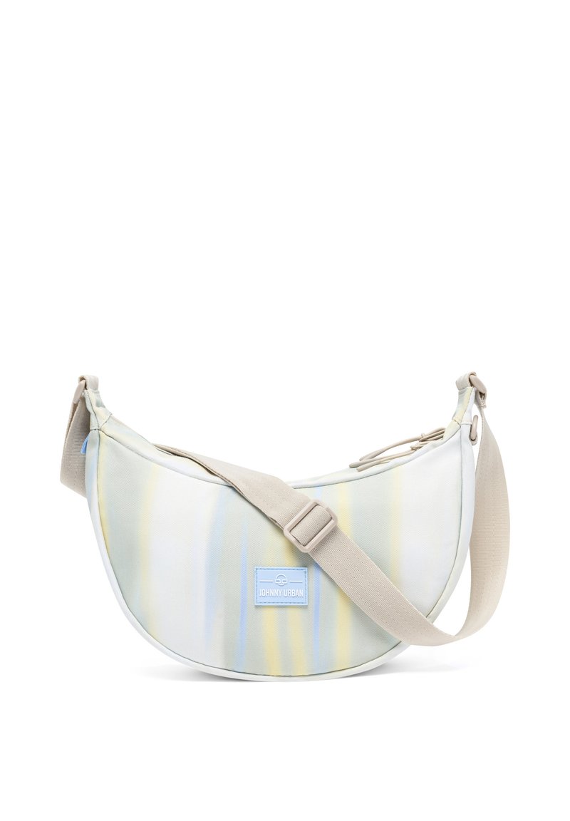 Hobo-stil tvärs över kroppen väska med ett multikolorat randigt mönster i pastellfärger, tillverkad av tygmaterial, och en ljusbeige justerbar rem.