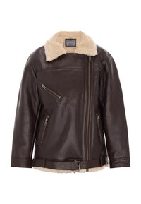 Giubbotto in pelle marrone con colletto in shearling crema, chiusura con zip sul davanti e due tasche laterali con zip. Presenta una vita con cintura e una texture liscia.