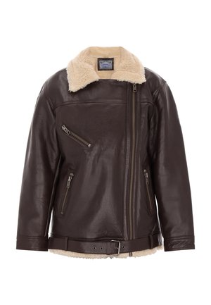 Braune Lederjacke mit einem cremefarbenen Lammfellkragen, mit Reißverschluss vorne und zwei Seitentaschen mit Reißverschluss. Sie hat eine taillierte Taille und eine glatte Textur.