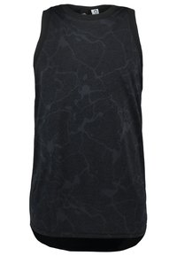 Svart ärmlös linne med ett subtilt mörkt mönster, tillverkat av lättviktsmaterial, med en rund halsringning och en rundad nederkant.