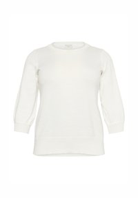 White knit sweater with a round neckline, three-quarter puff sleeves, and ribbed cuffs. Soft texture with a subtle sheen.