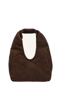 Bruine suède hobo tas met een zachte, slungelige vorm. Voorzien van een brede opening en twee externe ritszakken voor extra functionaliteit.