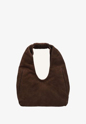 Bruine suède hobo tas met een zachte, slungelige vorm. Voorzien van een brede opening en twee externe ritszakken voor extra functionaliteit.