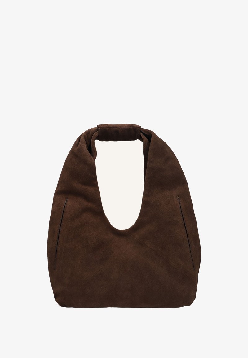 Bruine suède hobo tas met een zachte, slungelige vorm. Voorzien van een brede opening en twee externe ritszakken voor extra functionaliteit.