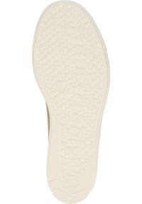 Gaišas krāsas apavu zole ar strukturētu saķeri, zīmējuma apļveida raksts un izspiesta zīmola nosaukums. Izliektas formas, elastīgs materiāls.