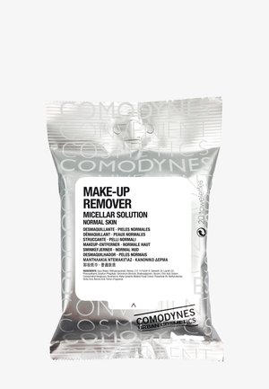 Silberne Verpackung mit matter Textur. Auf dem Frontetikett steht "MAKE-UP REMOVER" und mehrere mehrsprachige Beschreibungen. Enthält 20 Tücher.