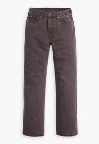 Jeans in denim grigio con una vestibilità dritta, caratterizzati da cinque tasche, rivetti in metallo e cuciture a contrasto.