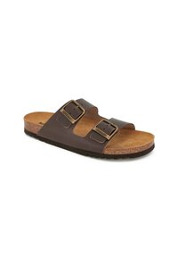Sandale brune à glissière avec deux bretelles à boucle ajustables, semelle en liège et semelle en caoutchouc texturée. Tige en matériau synthétique lisse.