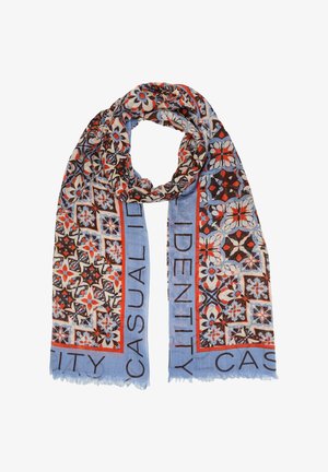 Musterter Schal mit floralem Design in Blau, Rot und Schwarz. Enthält den Text "CASUAL IDENTITY." Die Kanten sind fransig.