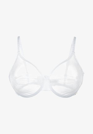 Hvit gjennomsiktig bh med justerbare stropper, underwire støtte, og teksturerte blomsterdetaljer på koppene og båndet. Glatt stoffoverflate.