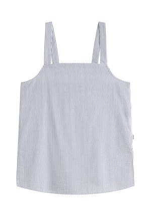 Haut blanc sans manches avec fines rayures verticales bleues et décolleté carré, doté de deux bretelles.