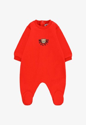 Rode katoenen romper met lange mouwen en een ronde hals. Voorzien van een teddybeer graphic en de tekst "Moschino". Zacht materiaal met een ronde voetdesign.