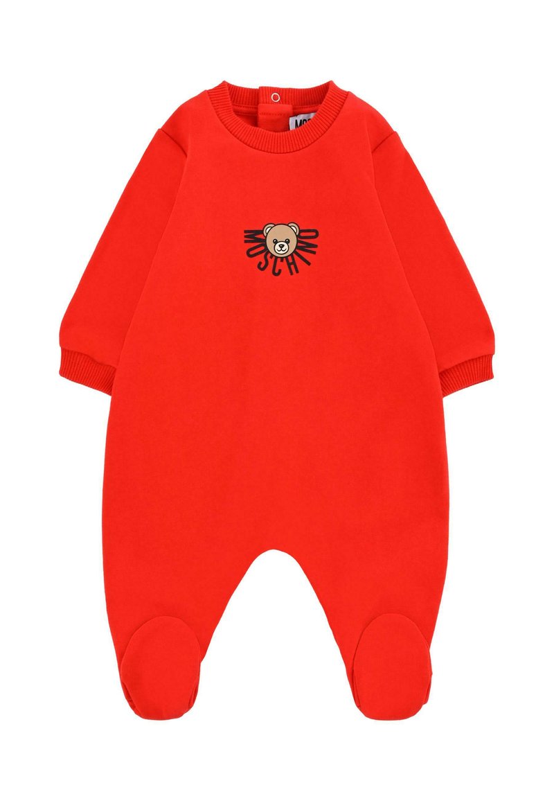 Czerwony bawełniany kombinezon z długimi rękawami i okrągłym dekoltem. Zawiera grafikę misia oraz napis "Moschino". Wykonany z miękkiego materiału z okrągłym krojem w nogawkach.