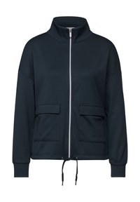 Giacca zip-up blu scuro con colletto alto, due tasche frontali, polsini elasticizzati e orlo con coulisse. Realizzata in tessuto morbido e traspirante.
