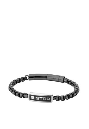 Bracciale in metallo nero e argento con una piastra rettangolare nero e argento con incisione "G-STAR" sul davanti.