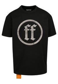 Black cotton t-shirt featuring a large, distressed gray circular logo with stylized "ff" lettering. Includes an orange tag at the hem.