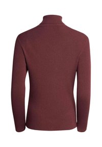 Burgundské žebrované rolákové svetr s dlouhými rukávy a přiléhavým střihem. Texturovaná pletenina, vysoký límec a žádné viditelné zapínání.