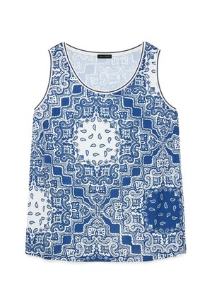 Mouwloze dames top met blauw-wit ingewikkeld symmetrisch paisley- en geometrisch patroon, ronde hals, lichtgewicht stof.