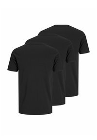 Trois t-shirts noirs à manches courtes, en coton, avec un col rond classique et une texture lisse sans motifs visibles.