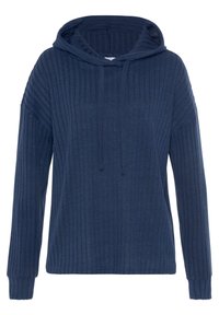 Felpa a costine blu navy con tasca frontale, cappuccio regolabile con cordino e maniche lunghe con polsini a costine. Texture morbida, design accogliente.