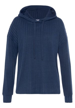 Marineblaues geripptes Hoodie mit einer Fronttasche, verstellbarem Kordelzug in der Kapuze und langen Ärmeln mit gerippten Bündchen. Weiche Textur, gemütliches Design.
