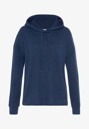 Marineblauwe geribbelde hoodie met een voorzak, verstelbare trekkoordkap en lange mouwen met geribbelde manchetten. Zachte textuur, gezellige uitstraling.
