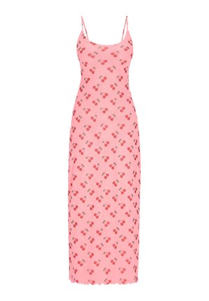 Roza brezrokavna obleka s prilegajočim se dizajnom in vzorcem češenj. Tkanina je gladka, z robom, ki se konča v valovitem vzorcu.