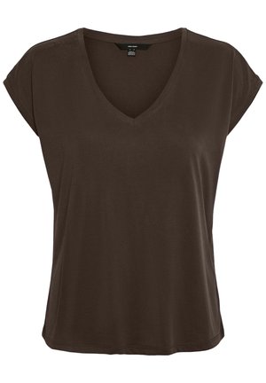 Dunkelbraunes Damen-T-Shirt mit kurzen Ärmeln, V-Ausschnitt und lockerem Schnitt, frontseitig ohne Muster oder Logos dargestellt.