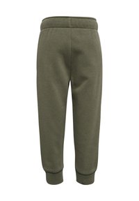 Olivgrüne Sweatpants aus weichem Material, mit lockerer Passform, elastischem Bund und gerippten Bündchen. Glatte Textur ohne Muster.