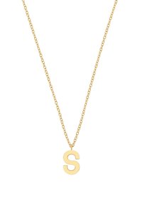 Kuldne kaelakee, millel on peen ahel ja suur, läikiv täht "S" ripats. Lihtne disain, sile tekstuur ja hele viimistlus.