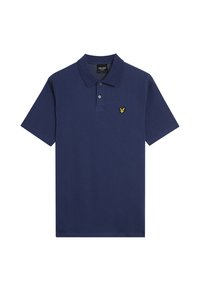 Marineblå polo skjorte lavet af struktureret stof, med en tre-knaps placket og et lille gult ørnerlogo på venstre bryst.