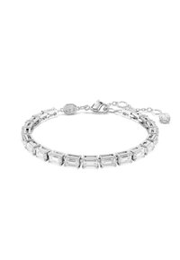 Zilveren armband met rechthoekige, geslepen heldere kristallen in afwisselende zettingen, voorzien van een karabijnsluiting en verstelbare schakelketting.