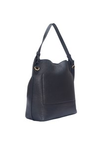 Sac à main en cuir noir avec une surface texturée, une forme souple, une bandoulière simple et une poche avant. Doté de détails en métal doré.