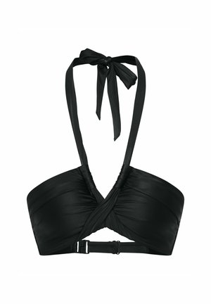 Czarny stanik bikini wykonany z gładkiego materiału, z przodem w formie skręconego wzoru, szerokimi ramiączkami i solidnym zapięciem z tyłu.