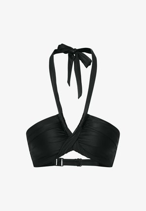 Czarny stanik bikini wykonany z gładkiego materiału, z przodem w formie skręconego wzoru, szerokimi ramiączkami i solidnym zapięciem z tyłu.