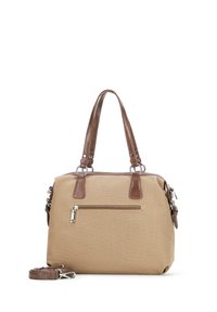 Beżowa torba płócienna z brązowymi skórzanymi uchwytami i akcentami. Posiada zasuwaną kieszeń z przodu oraz odczepiany pasek na ramię.