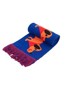 Niebieski dzianinowy szalik z pomarańczowymi wzorami psów, czarnymi akcentami i czerwonymi frędzlami. Miękka tekstura z radosnym wzorem, ściśle zwinięty.