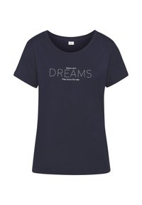 Navy blue cotton t-shirt with a round neckline and short sleeves. Features white embroidered text: “follow your DREAMS they know the way.”