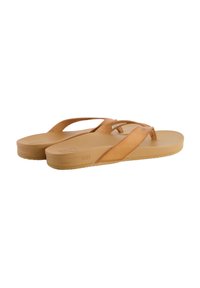 Tan flip-flops with a textured synthetic upper, wide cross straps, and a flat rubber sole. Comfortable design with minimal branding.