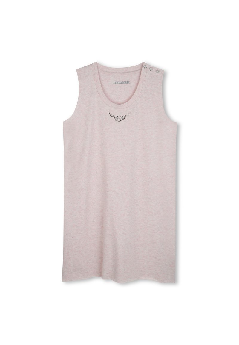 Haut sans manches rose clair en tissu doux ; présente un col rond et des accents de gemmes décoratives près de l'épaule et de la poitrine.