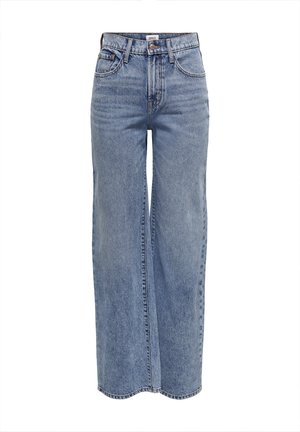 Weite blaue Jeans aus Denim, mit hoher Taille, klassischem Fünf-Taschen-Design und einer verblassten Textur mit dezentem Ausbleichen.